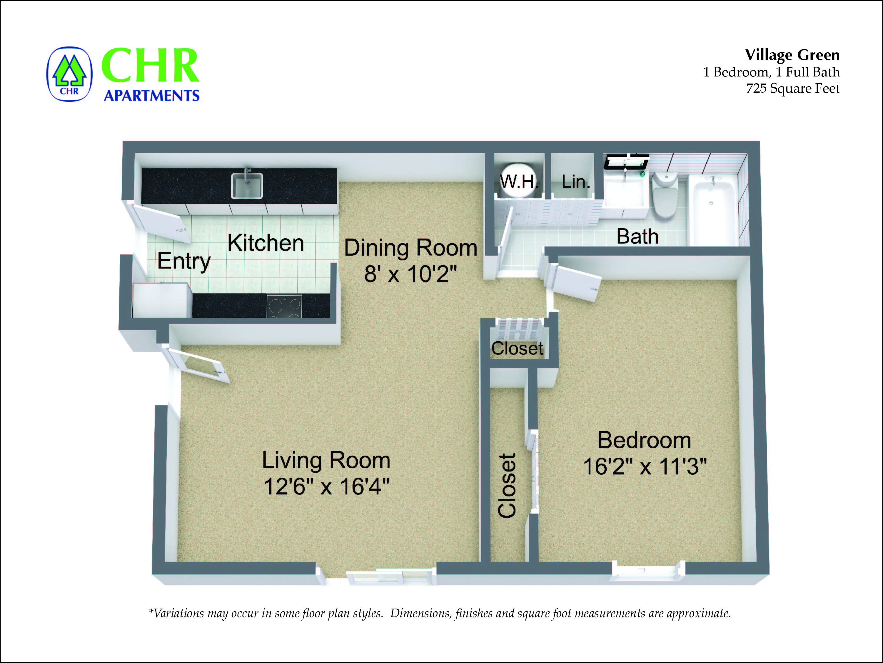 Floor plan for 1 bed, 1 bath, 725 sqft